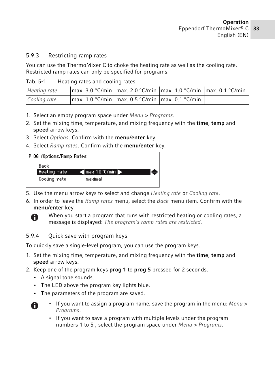 3 restricting ramp rates, 4 quick save with program keys, Restricting ramp rates | Quick save with program keys | Eppendorf ThermoMixer C User Manual | Page 33 / 54