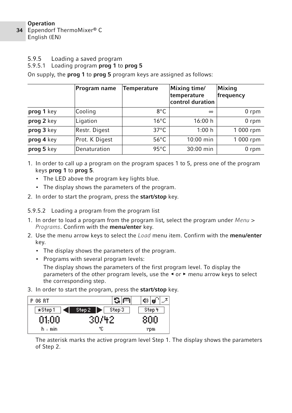 5 loading a saved program, Loading a saved program | Eppendorf ThermoMixer C User Manual | Page 34 / 54