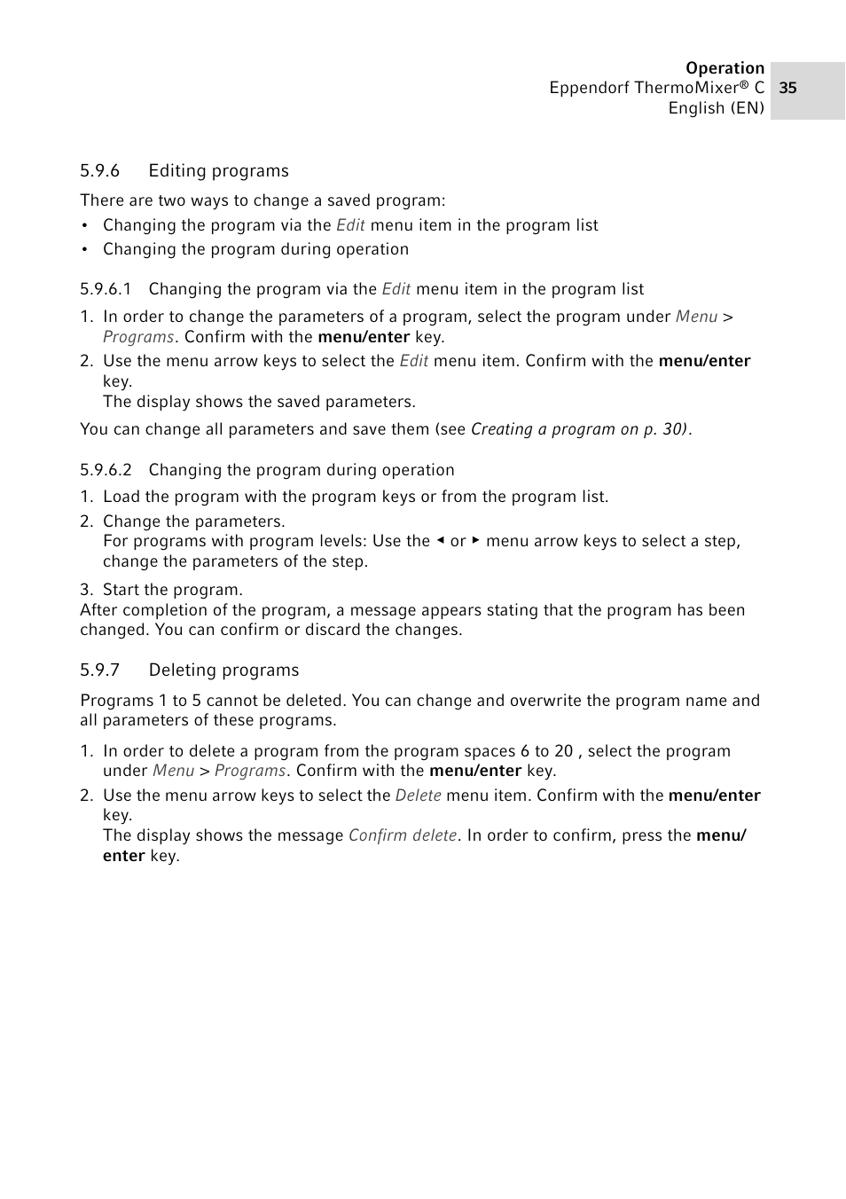 6 editing programs, 7 deleting programs, Editing programs | Deleting programs | Eppendorf ThermoMixer C User Manual | Page 35 / 54