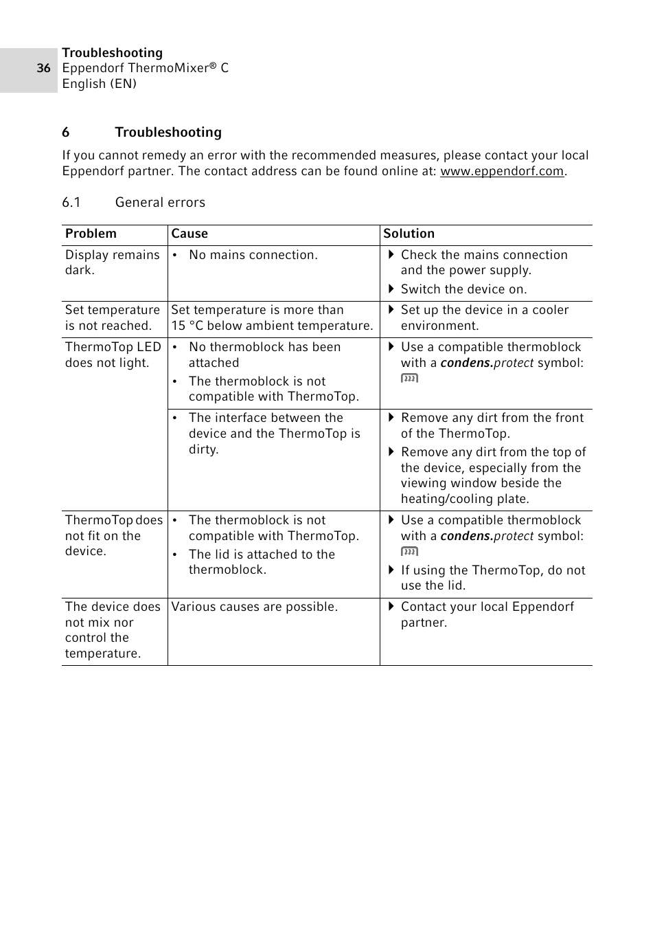 6 troubleshooting, 1 general errors, Troubleshooting 6.1 | General errors | Eppendorf ThermoMixer C User Manual | Page 36 / 54