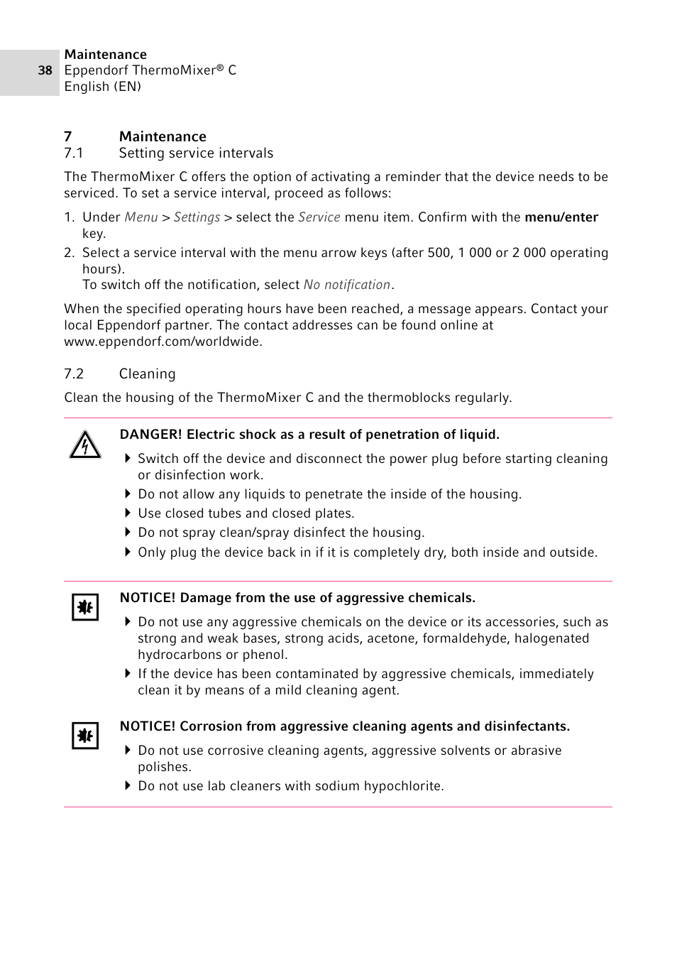 7 maintenance, 1 setting service intervals, 2 cleaning | Maintenance 7.1, Setting service intervals, Cleaning | Eppendorf ThermoMixer C User Manual | Page 38 / 54
