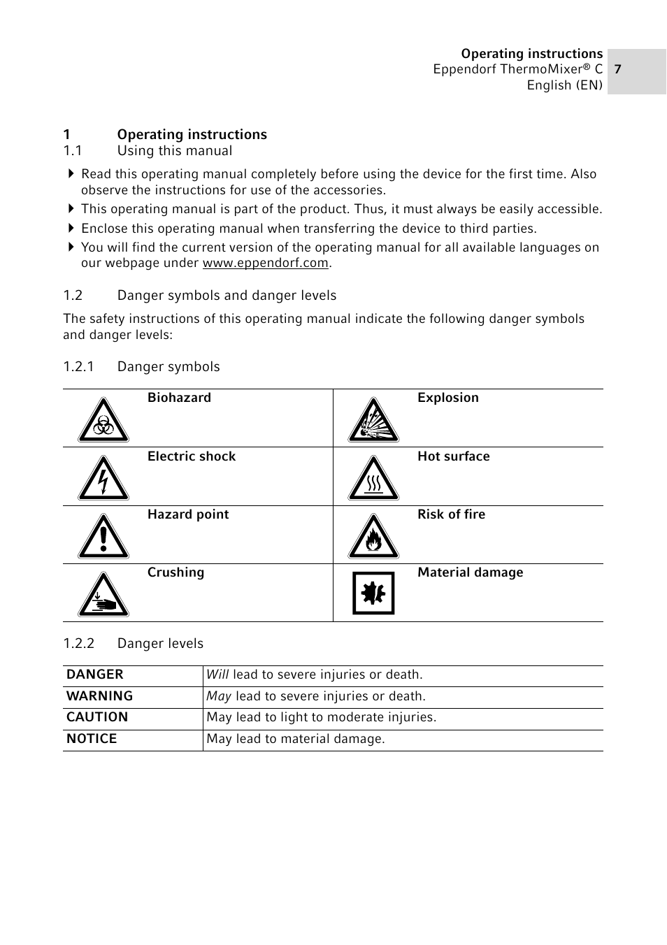 1 operating instructions, 1 using this manual, 2 danger symbols and danger levels | 1 danger symbols, 2 danger levels, Operating instructions 1.1, Using this manual, Danger symbols and danger levels 1.2.1, Danger symbols, Danger levels | Eppendorf ThermoMixer C User Manual | Page 7 / 54