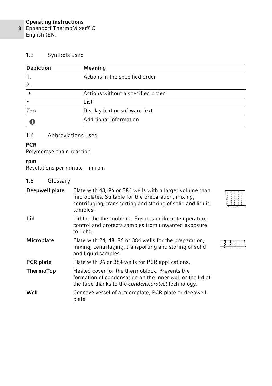 3 symbols used, 4 abbreviations used, 5 glossary | Symbols used, Abbreviations used, Glossary | Eppendorf ThermoMixer C User Manual | Page 8 / 54