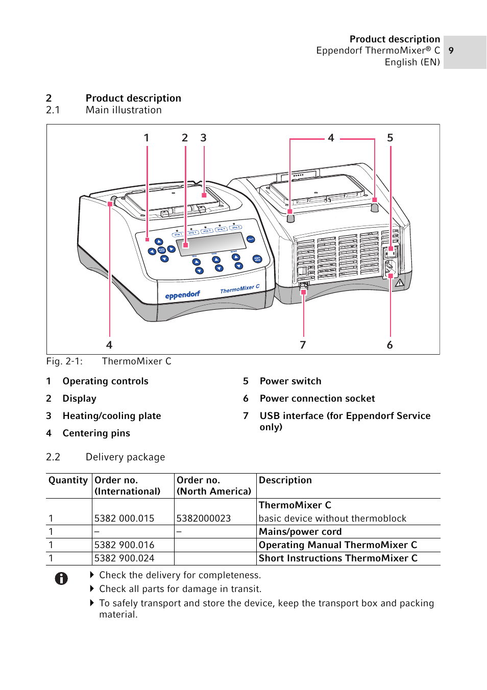 2 product description, 1 main illustration, 2 delivery package | Product description 2.1, Main illustration, Delivery package | Eppendorf ThermoMixer C User Manual | Page 9 / 54