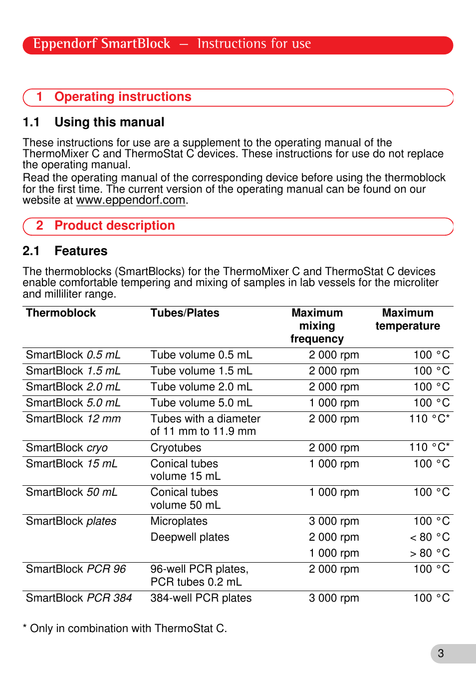 1 operating instructions, 1 using this manual, 2 product description | 1 features, Eppendorf smartblock — instructions for use, 1 operating instructions 1.1 using this manual, 2 product description 2.1 features | Eppendorf SmartBlock User Manual | Page 3 / 12