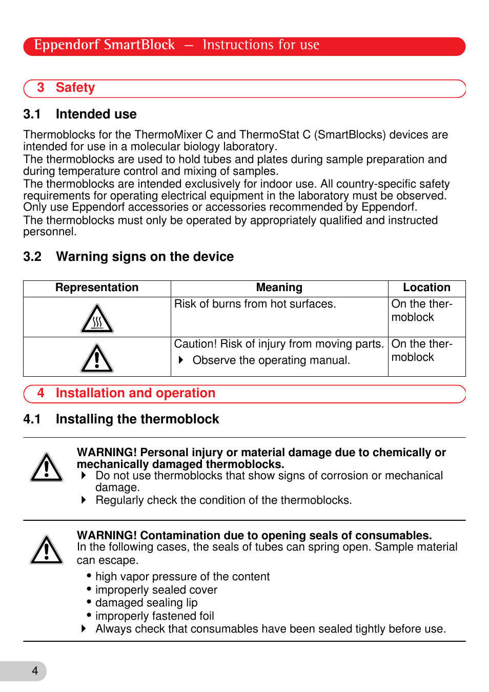 3 safety, 1 intended use, 2 warning signs on the device | 4 installation and operation, 1 installing the thermoblock, Eppendorf smartblock — instructions for use | Eppendorf SmartBlock User Manual | Page 4 / 12