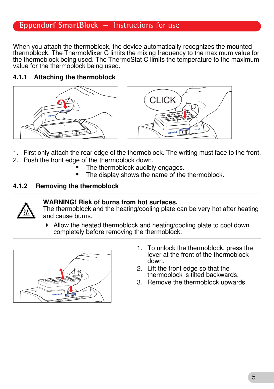 1 attaching the thermoblock, 2 removing the thermoblock, Eppendorf smartblock — instructions for use | Eppendorf SmartBlock User Manual | Page 5 / 12