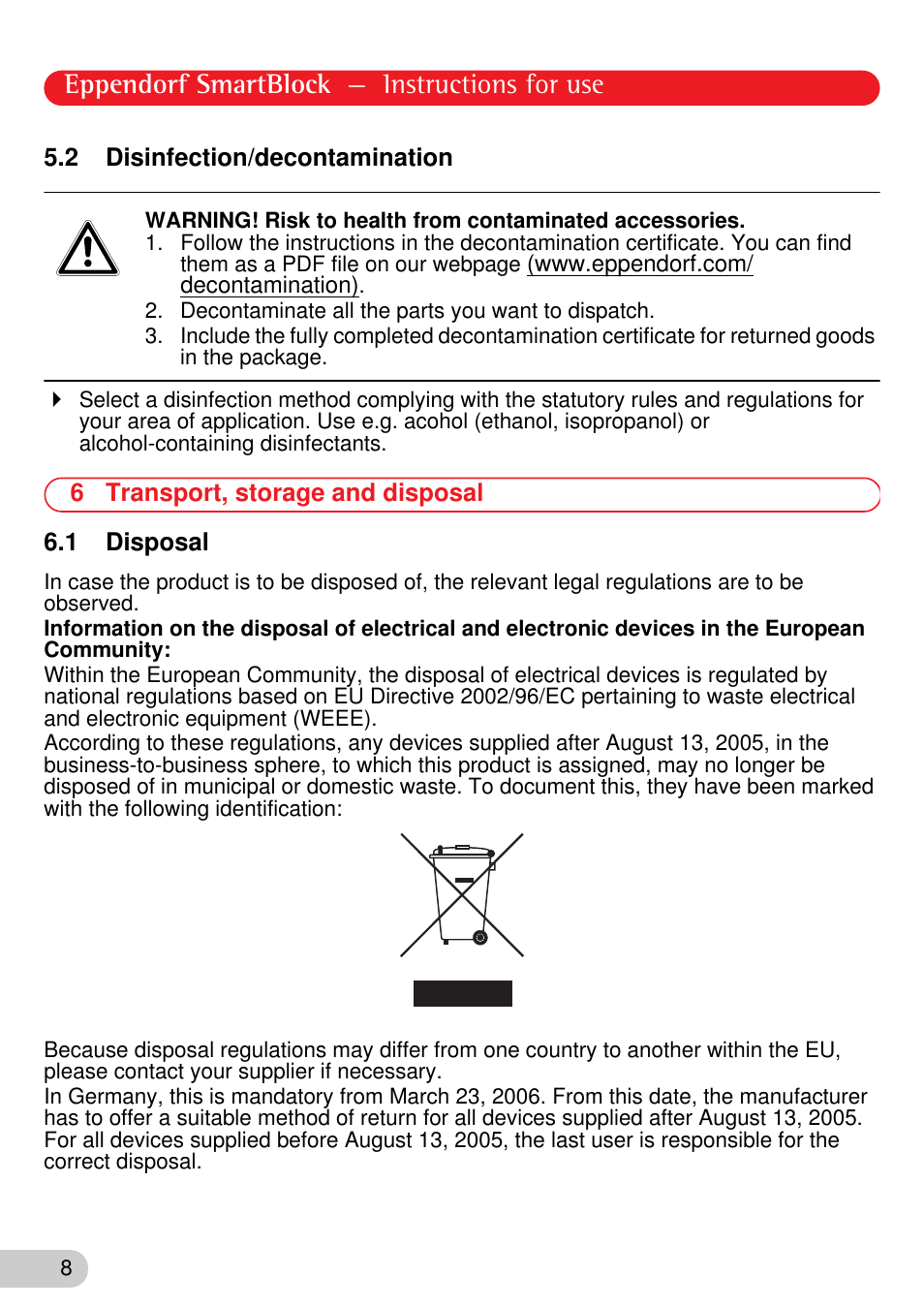 2 disinfection/decontamination, 6 transport, storage and disposal, 1 disposal | Eppendorf smartblock — instructions for use | Eppendorf SmartBlock User Manual | Page 8 / 12