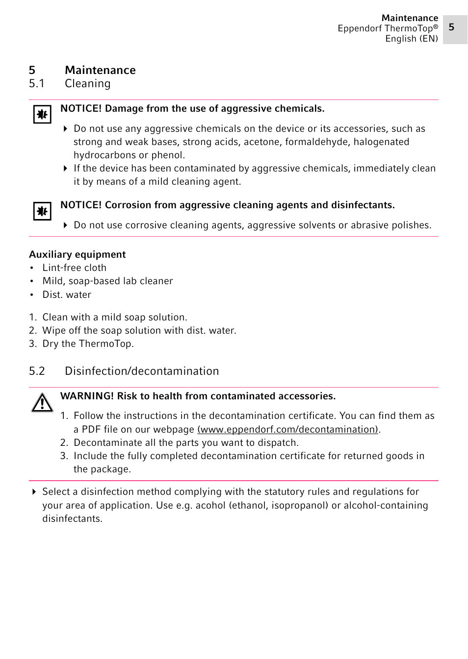 5 maintenance, 1 cleaning, 2 disinfection/decontamination | Eppendorf ThermoTop User Manual | Page 5 / 8