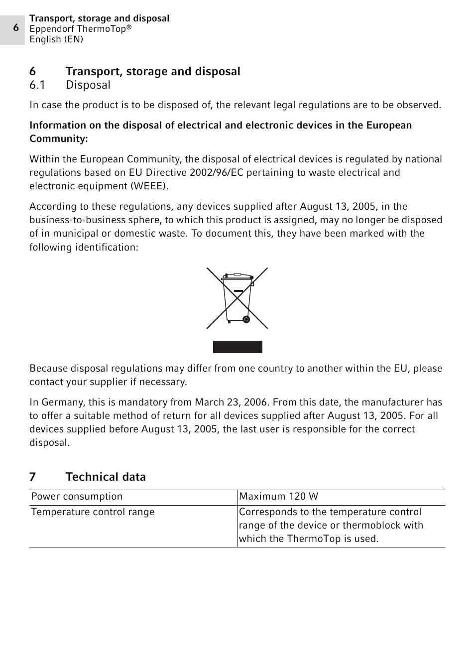 6 transport, storage and disposal, 1 disposal, 7 technical data | Eppendorf ThermoTop User Manual | Page 6 / 8