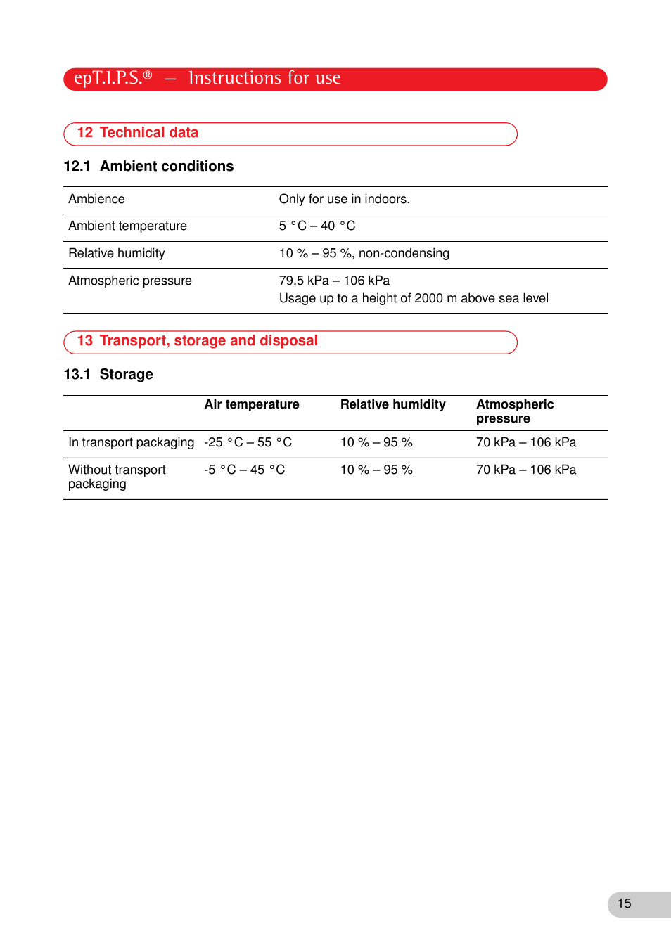 12 technical data, 1 ambient conditions, 13 transport, storage and disposal | 1 storage, Ept.i.p.s.® — instructions for use | Eppendorf epT.I.P.S. Version A User Manual | Page 15 / 16