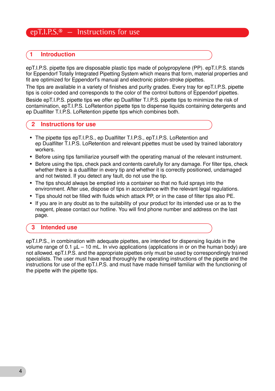 1 introduction, 2 instructions for use, 3 intended use | Introduction, Instructions for use, Intended use, Ept.i.p.s.® — instructions for use | Eppendorf epT.I.P.S. Version A User Manual | Page 4 / 16