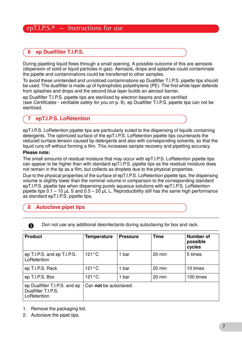 6 ep dualfilter t.i.p.s, 7 ept.i.p.s. loretention, 8 autoclave pipet tips | Ep dualfilter t.i.p.s, Ept.i.p.s. loretention, Autoclave pipet tips, Ept.i.p.s.® — instructions for use | Eppendorf epT.I.P.S. Version A User Manual | Page 7 / 16