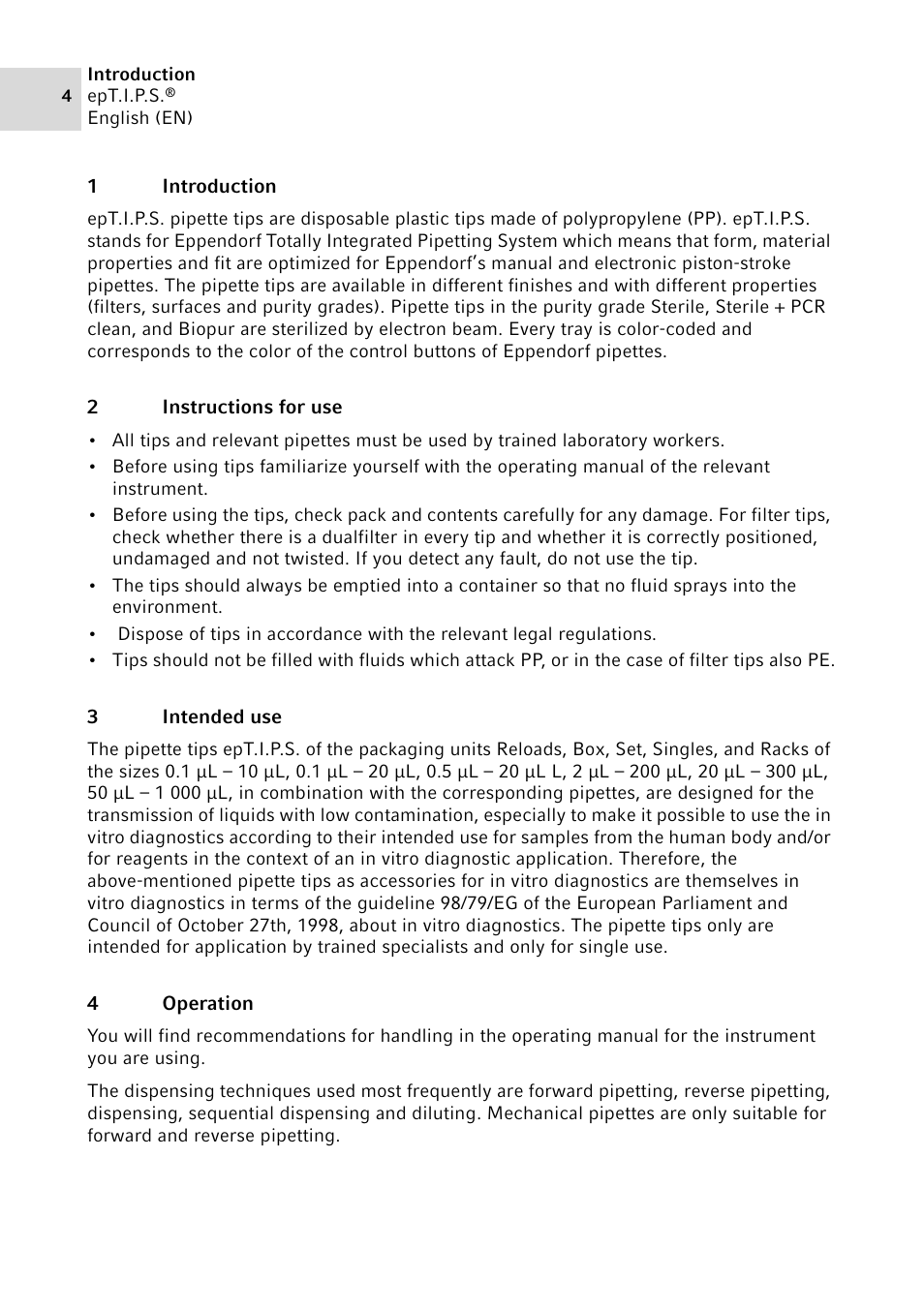 1 introduction, 2 instructions for use, 3 intended use | 4 operation, Introduction, Instructions for use, Intended use, Operation | Eppendorf epT.I.P.S.Version B User Manual | Page 4 / 12