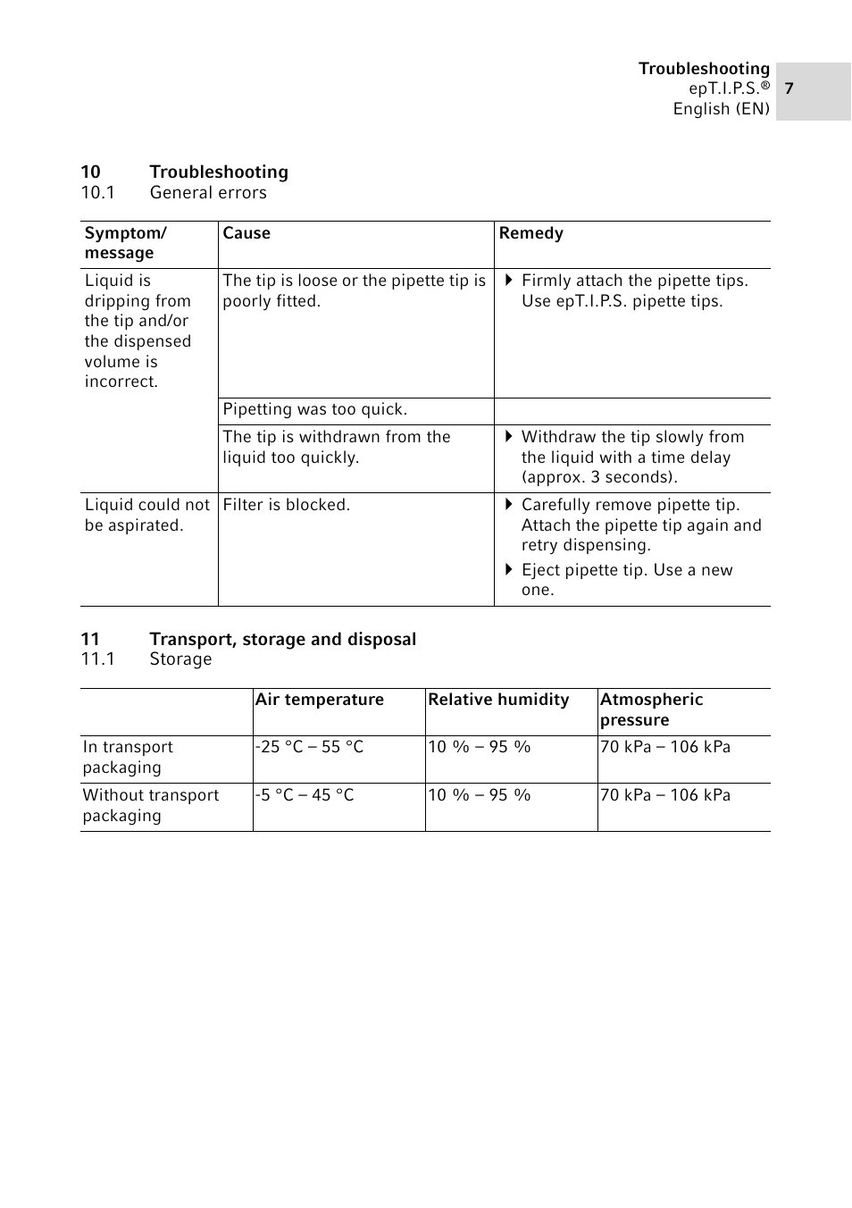 10 troubleshooting, 1 general errors, 11 transport, storage and disposal | 1 storage, General errors, Storage | Eppendorf epT.I.P.S.Version B User Manual | Page 7 / 12
