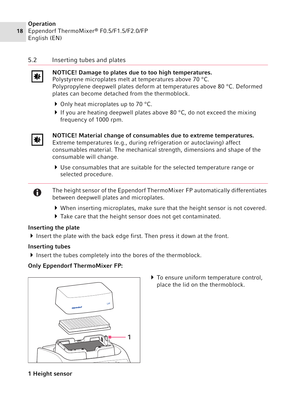 2 inserting tubes and plates, Inserting tubes and plates | Eppendorf ThermoMixer FP User Manual | Page 18 / 40