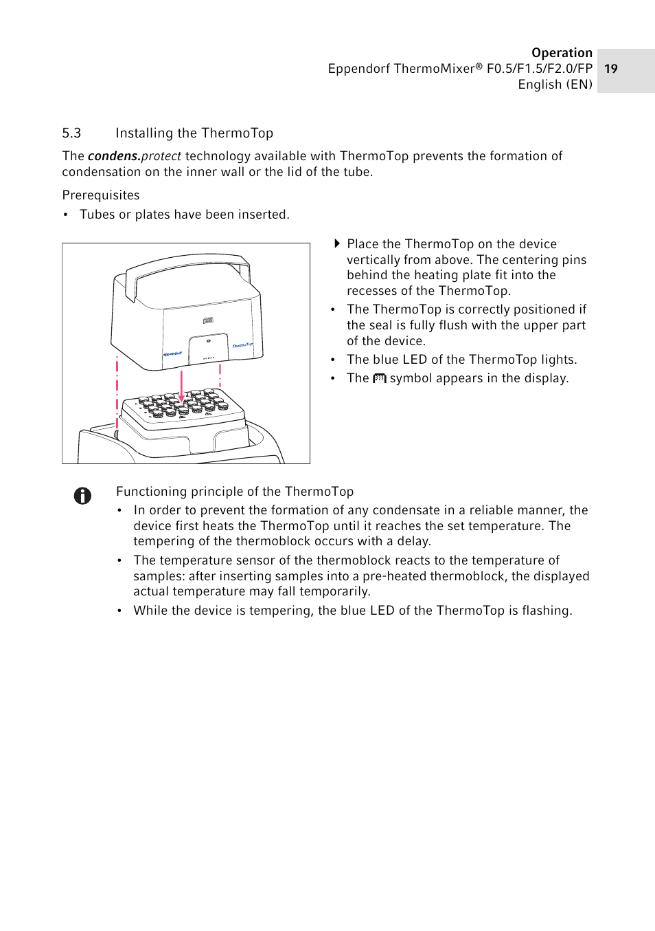 3 installing the thermotop, Installing the thermotop | Eppendorf ThermoMixer FP User Manual | Page 19 / 40