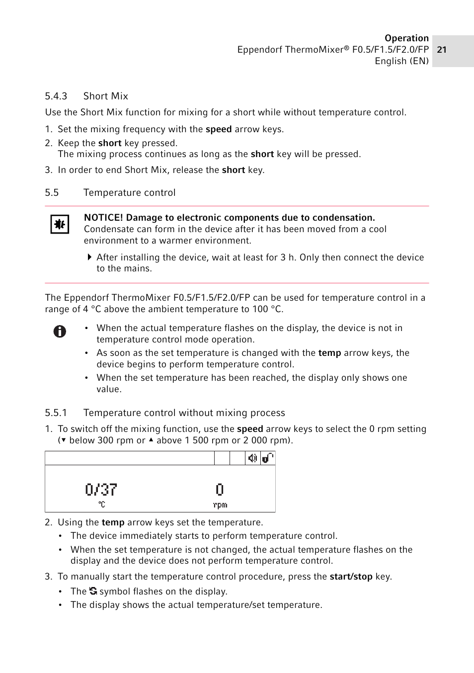 3 short mix, 5 temperature control, 1 temperature control without mixing process | Short, Temperature control 5.5.1, Temperature control without mixing process | Eppendorf ThermoMixer FP User Manual | Page 21 / 40