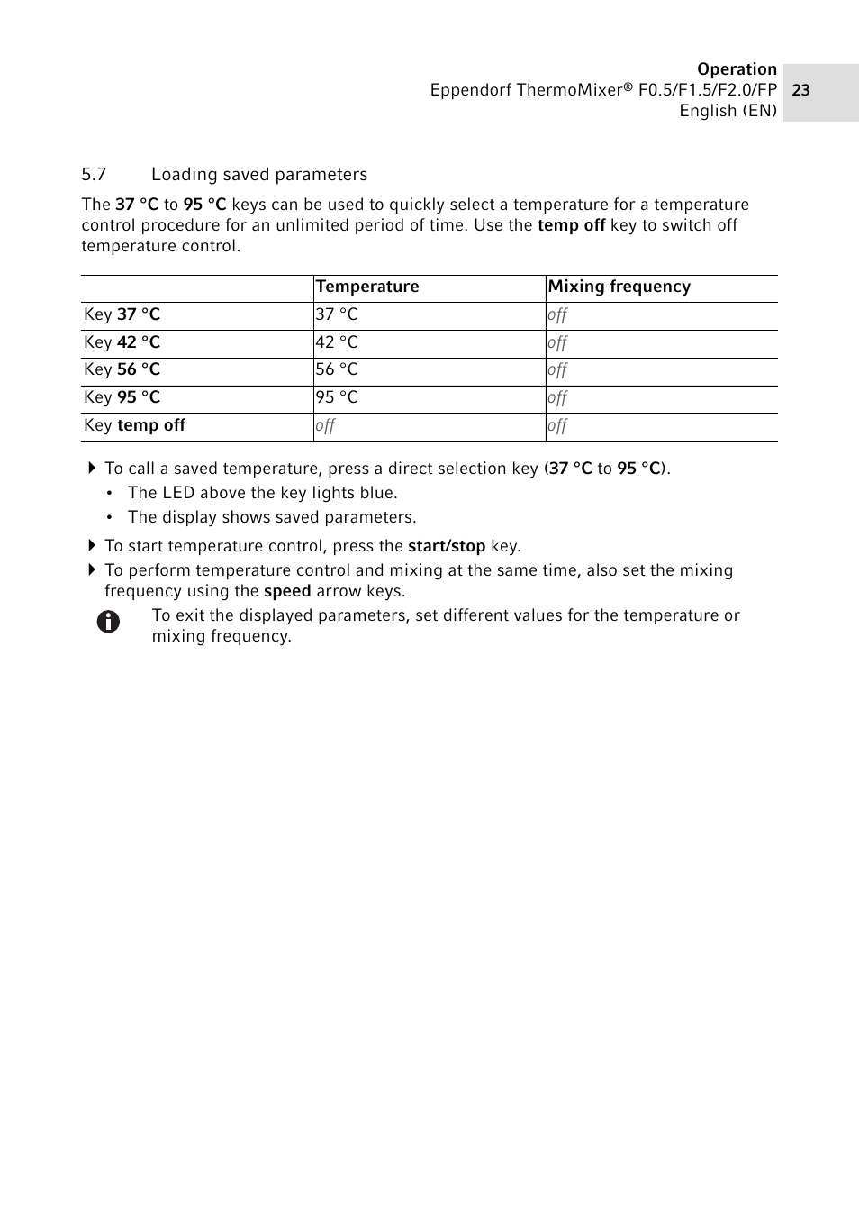 7 loading saved parameters, Loading saved parameters | Eppendorf ThermoMixer FP User Manual | Page 23 / 40