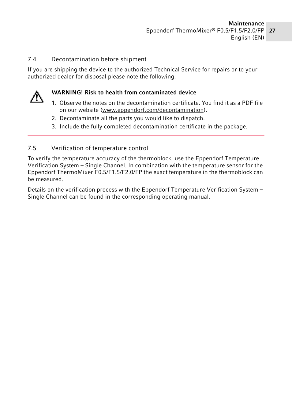 4 decontamination before shipment, 5 verification of temperature control, Decontamination before shipment | Verification of temperature control | Eppendorf ThermoMixer FP User Manual | Page 27 / 40