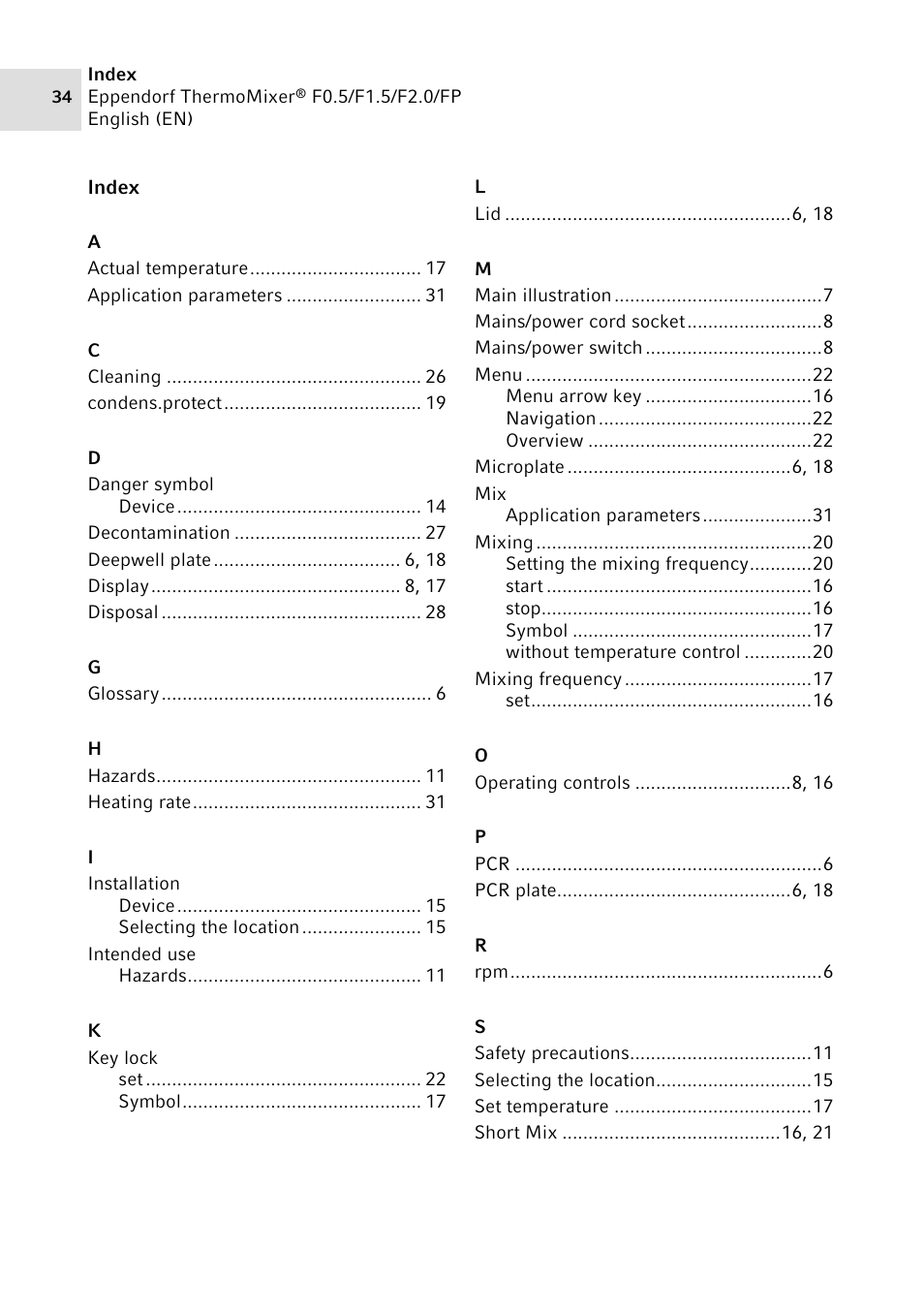 Index | Eppendorf ThermoMixer FP User Manual | Page 34 / 40