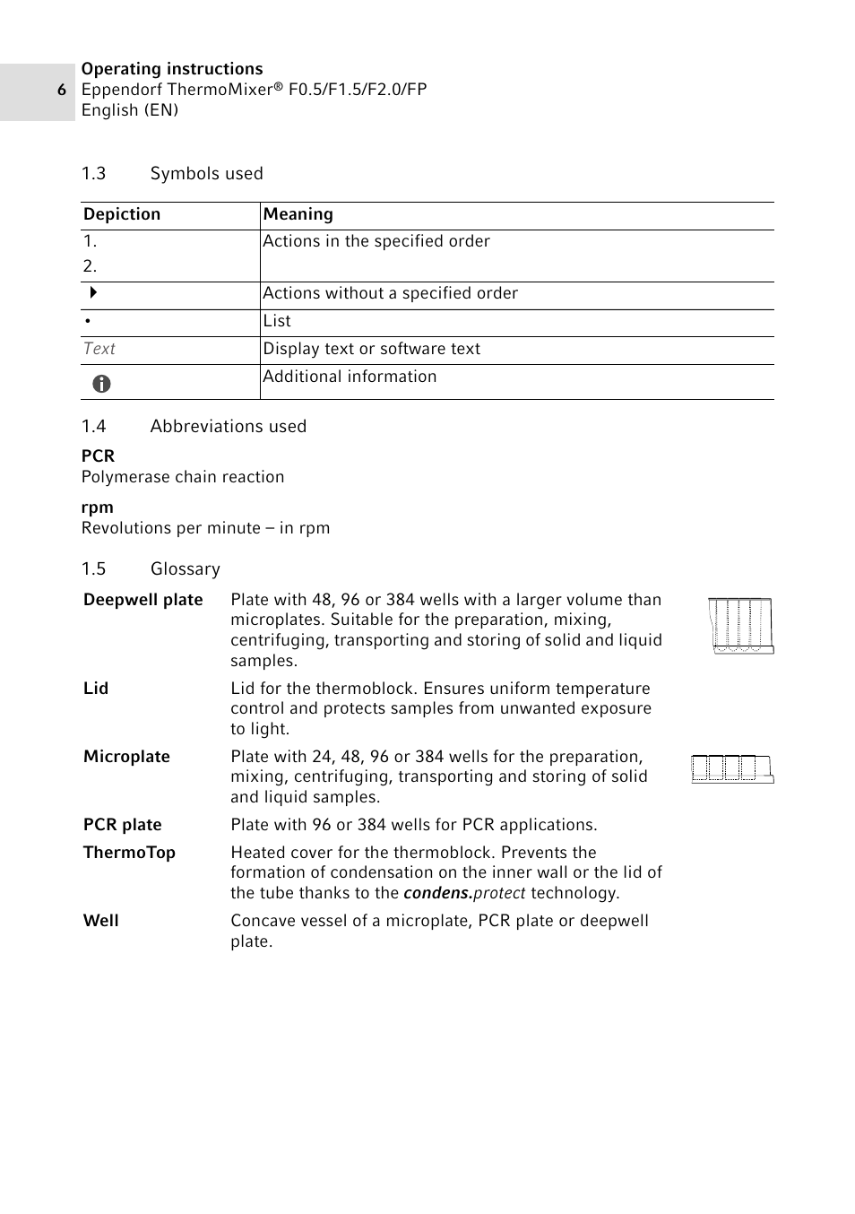 3 symbols used, 4 abbreviations used, 5 glossary | Symbols used, Abbreviations used, Glossary | Eppendorf ThermoMixer FP User Manual | Page 6 / 40