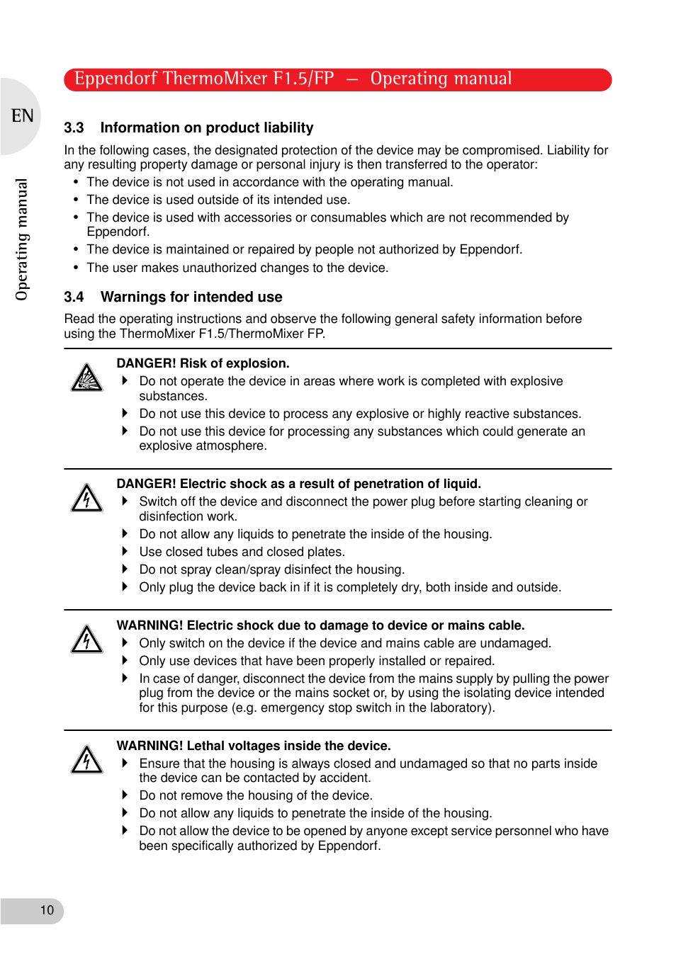 3 information on product liability, 4 warnings for intended use, Eppendorf thermomixer f1.5/fp — operating manual | Eppendorf ThermoMixer FP User Manual | Page 10 / 36