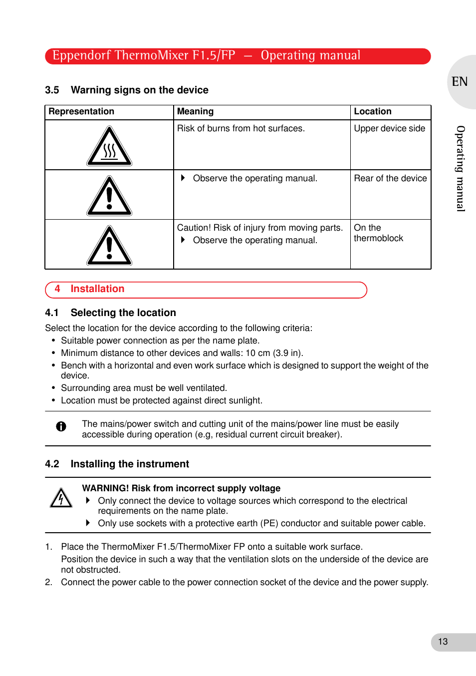 5 warning signs on the device, 4 installation, 1 selecting the location | 2 installing the instrument, Eppendorf thermomixer f1.5/fp — operating manual | Eppendorf ThermoMixer FP User Manual | Page 13 / 36