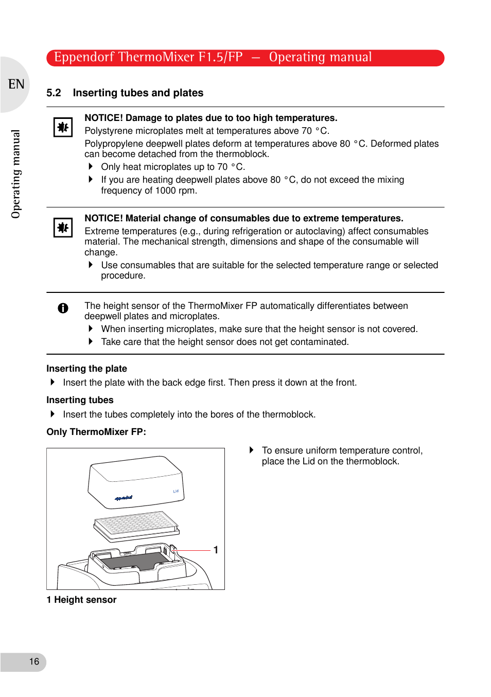 2 inserting tubes and plates, Eppendorf thermomixer f1.5/fp — operating manual | Eppendorf ThermoMixer FP User Manual | Page 16 / 36