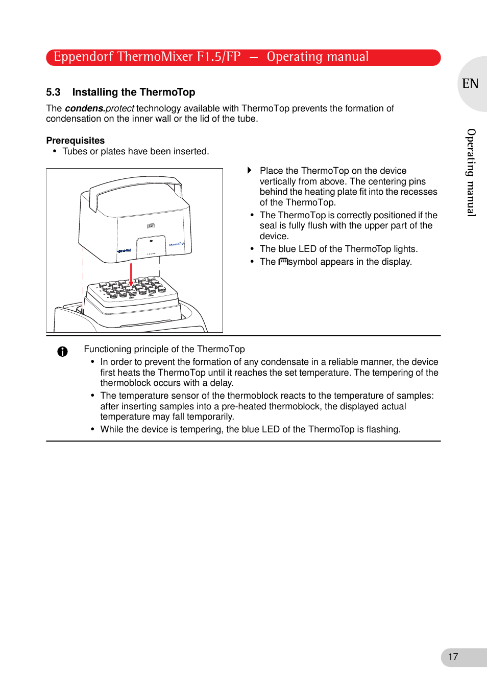 3 installing the thermotop, Eppendorf thermomixer f1.5/fp — operating manual | Eppendorf ThermoMixer FP User Manual | Page 17 / 36