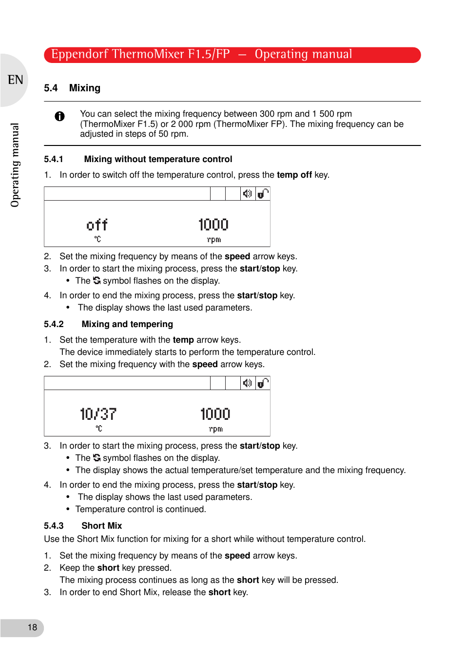 4 mixing, 1 mixing without temperature control, 2 mixing and tempering | 3 short mix, Eppendorf thermomixer f1.5/fp — operating manual | Eppendorf ThermoMixer FP User Manual | Page 18 / 36