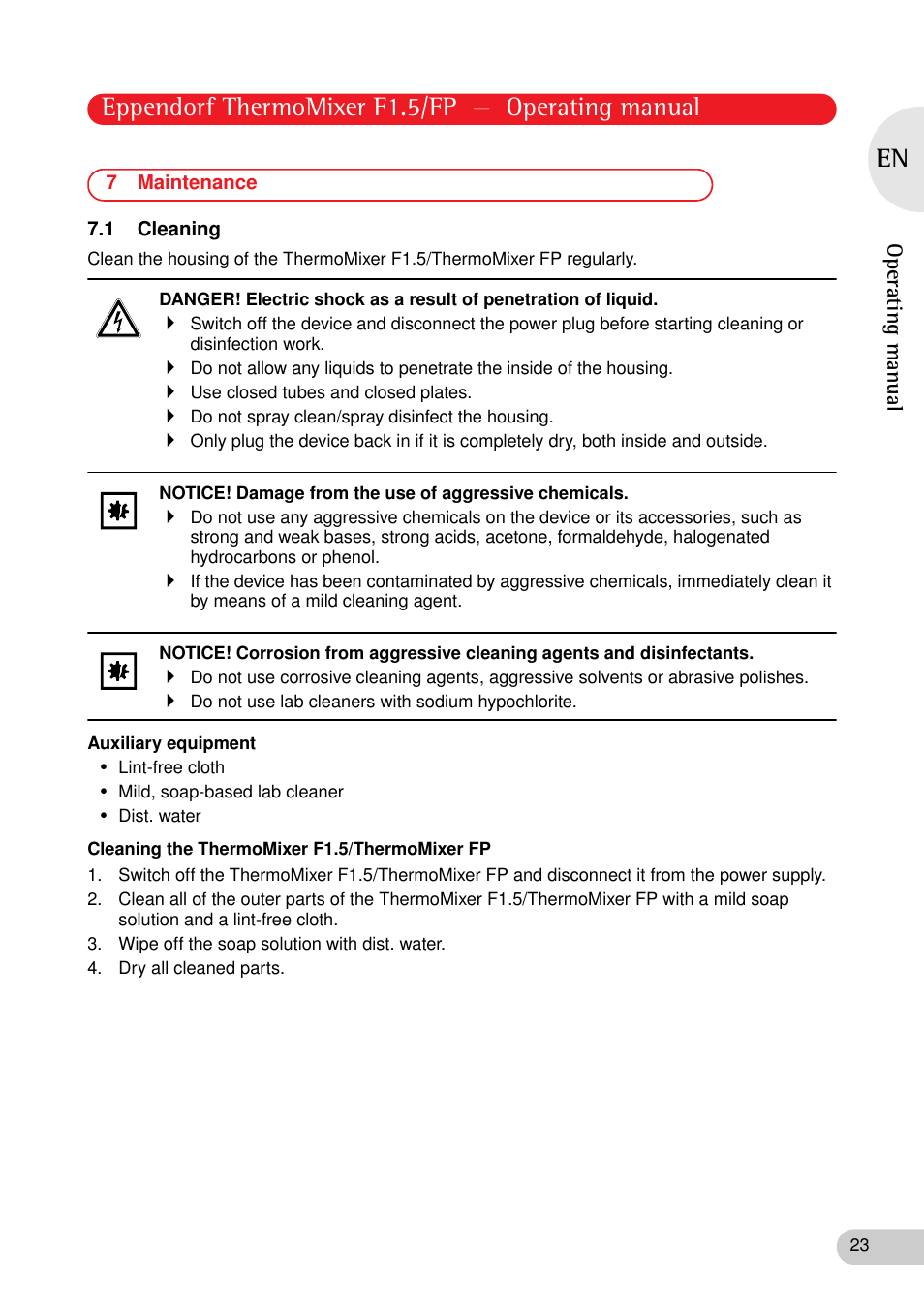 7 maintenance, 1 cleaning, Maintenance 7.1 cleaning | Eppendorf thermomixer f1.5/fp — operating manual, Operating manual | Eppendorf ThermoMixer FP User Manual | Page 23 / 36