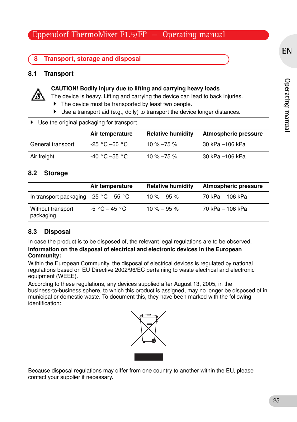 8 transport, storage and disposal, 1 transport, 2 storage | 3 disposal, Eppendorf thermomixer f1.5/fp — operating manual, Operating manual | Eppendorf ThermoMixer FP User Manual | Page 25 / 36