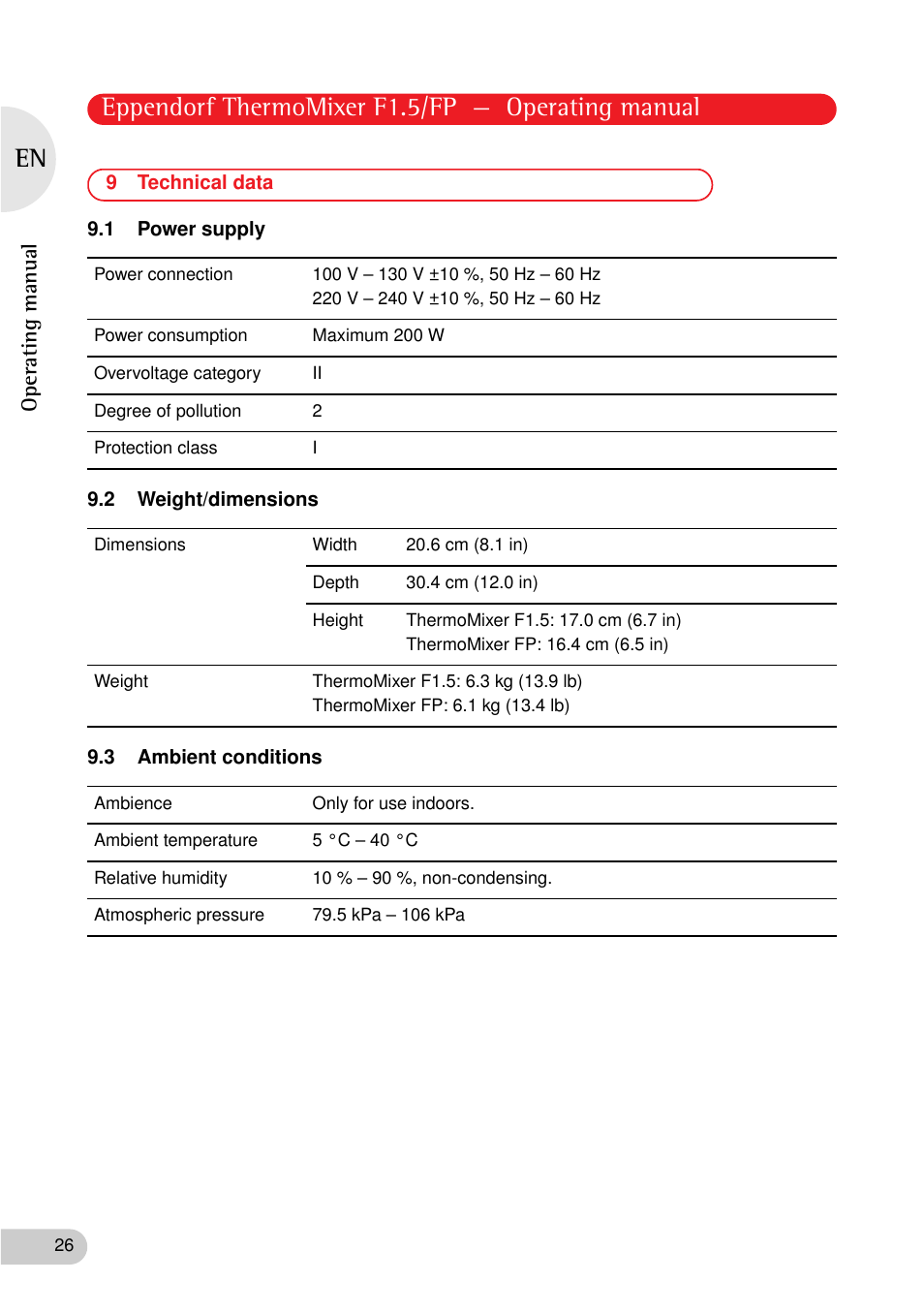 9 technical data, 1 power supply, 2 weight/dimensions | 3 ambient conditions, Eppendorf thermomixer f1.5/fp — operating manual | Eppendorf ThermoMixer FP User Manual | Page 26 / 36