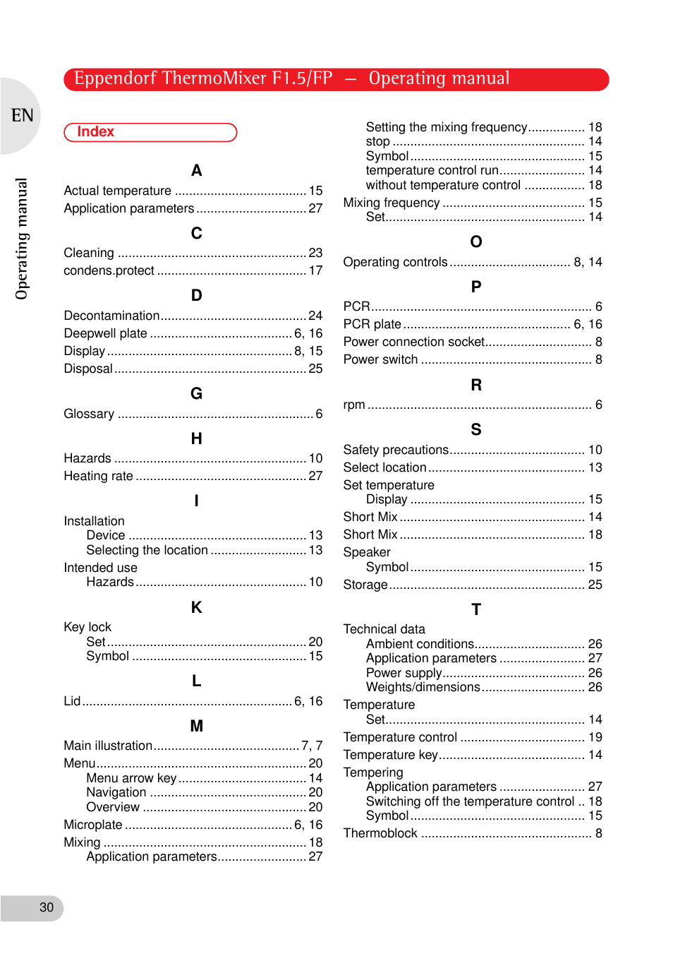 Index, Eppendorf thermomixer f1.5/fp — operating manual | Eppendorf ThermoMixer FP User Manual | Page 30 / 36