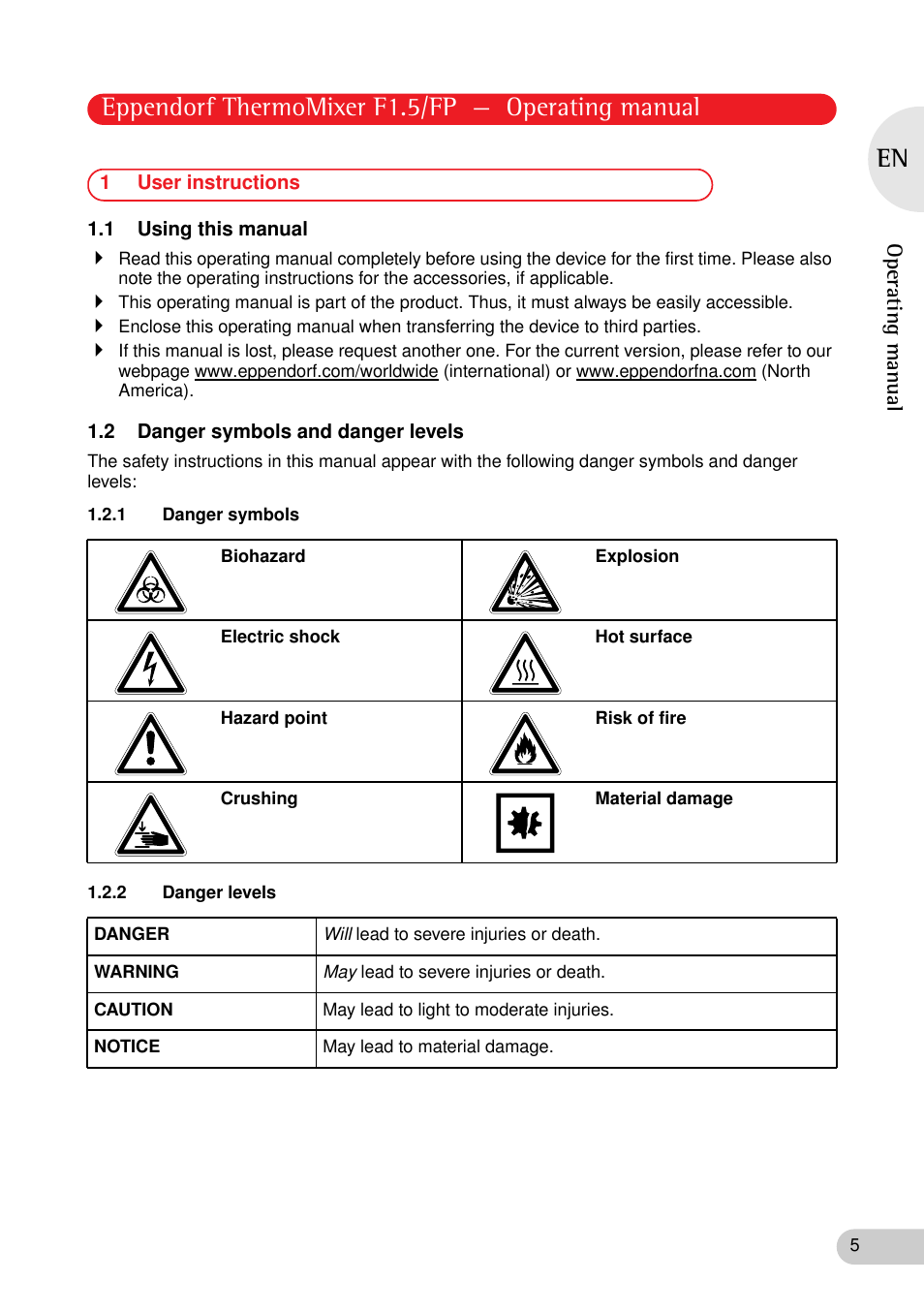 1 user instructions, 1 using this manual, 2 danger symbols and danger levels | 1 danger symbols, 2 danger levels, 1 danger symbols 1.2.2 danger levels, Eppendorf thermomixer f1.5/fp — operating manual | Eppendorf ThermoMixer FP User Manual | Page 5 / 36
