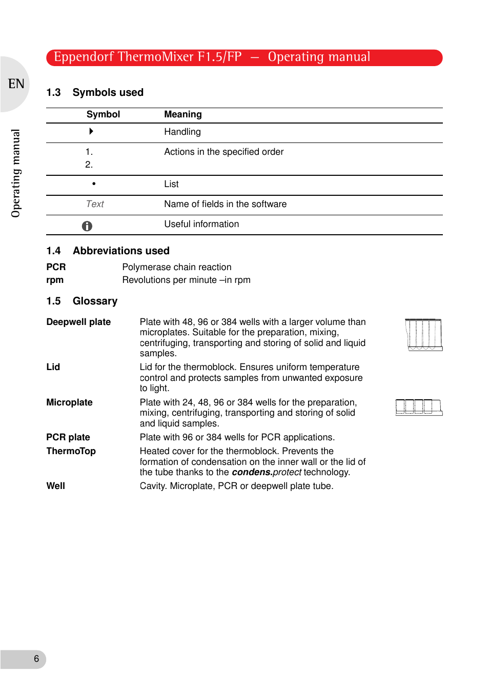 3 symbols used, 4 abbreviations used, 5 glossary | 3 symbols used 1.4 abbreviations used 1.5 glossary, Eppendorf thermomixer f1.5/fp — operating manual | Eppendorf ThermoMixer FP User Manual | Page 6 / 36