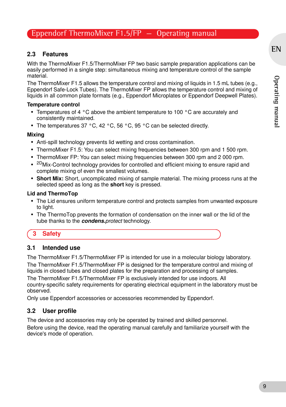 3 features, 3 safety, 1 intended use | 2 user profile, Safety 3.1 intended use 3.2 user profile, Eppendorf thermomixer f1.5/fp — operating manual | Eppendorf ThermoMixer FP User Manual | Page 9 / 36
