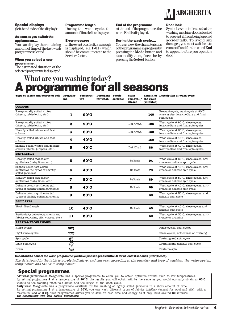 A programme for all seasons, What are you washing today, Argherita | Special programmes | Ariston AIB 14 User Manual | Page 5 / 16