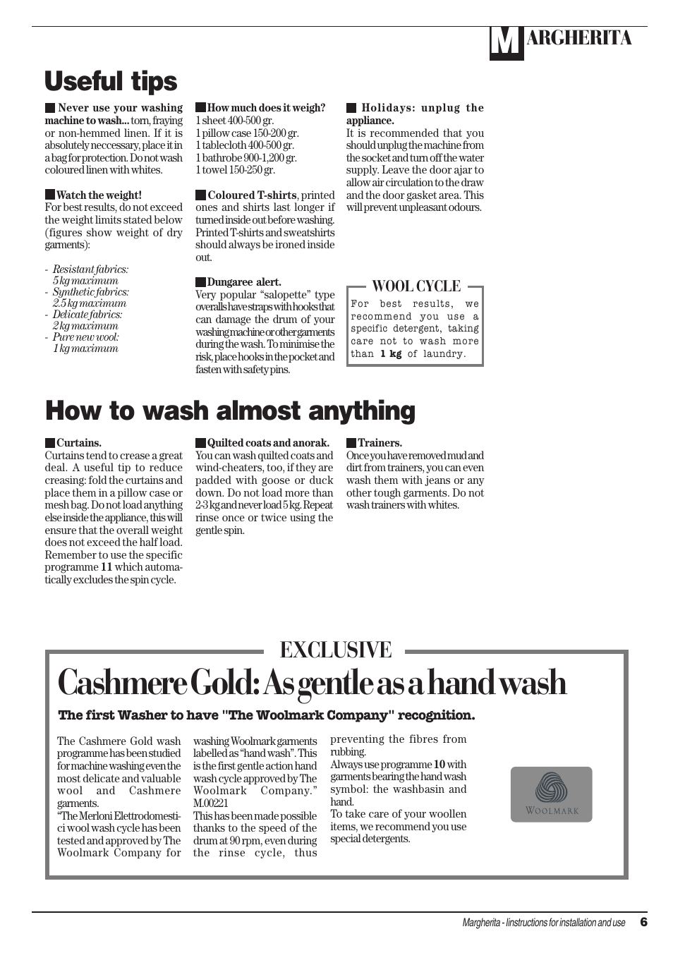 Cashmere gold: as gentle as a hand wash, Useful tips, How to wash almost anything | Exclusive, Argherita, Wool cycle | Ariston AIB 14 User Manual | Page 7 / 16