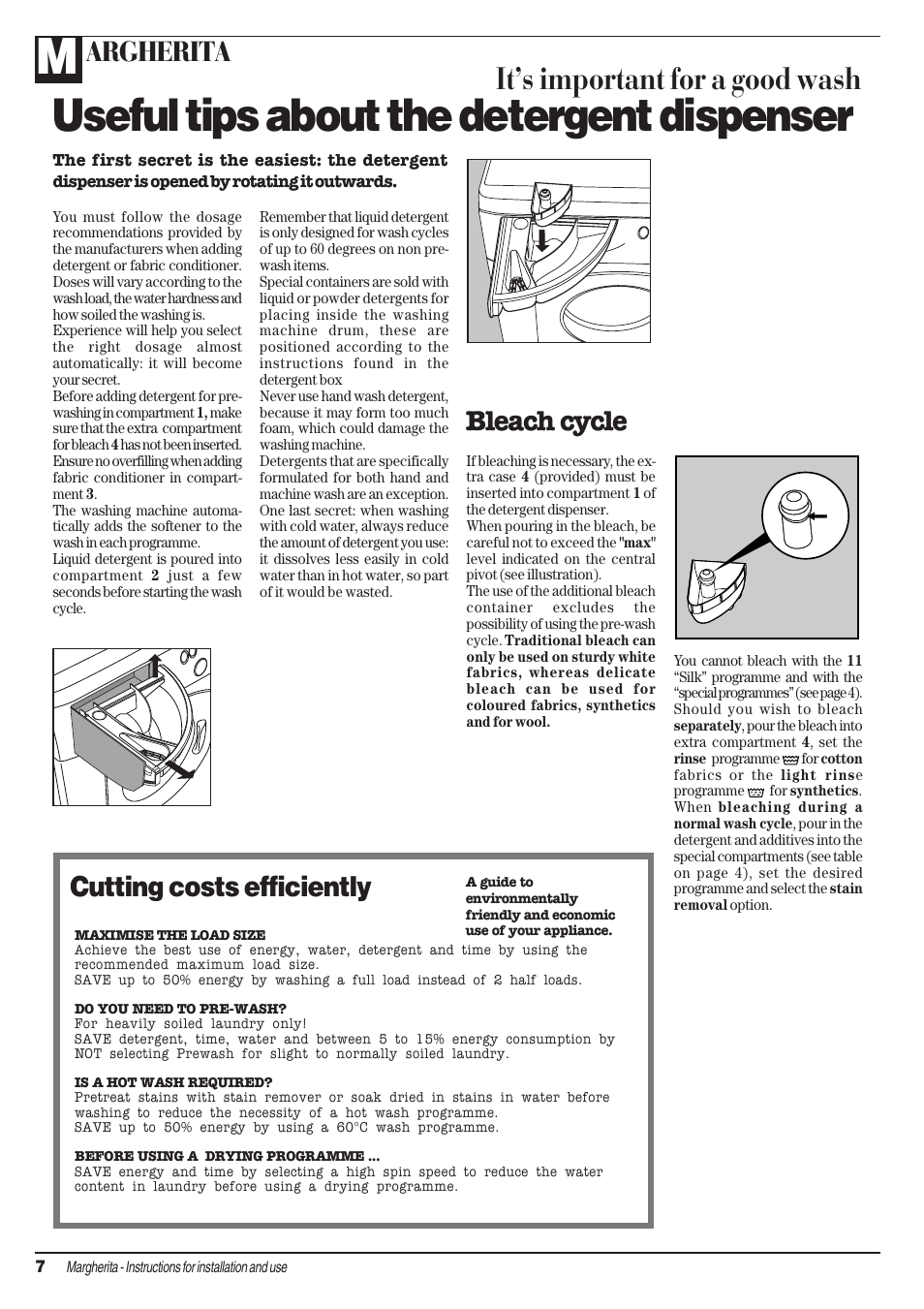 Useful tips about the detergent dispenser, Its important for a good wash, Argherita | Cutting costs efficiently, Bleach cycle | Ariston AIB 14 User Manual | Page 8 / 16