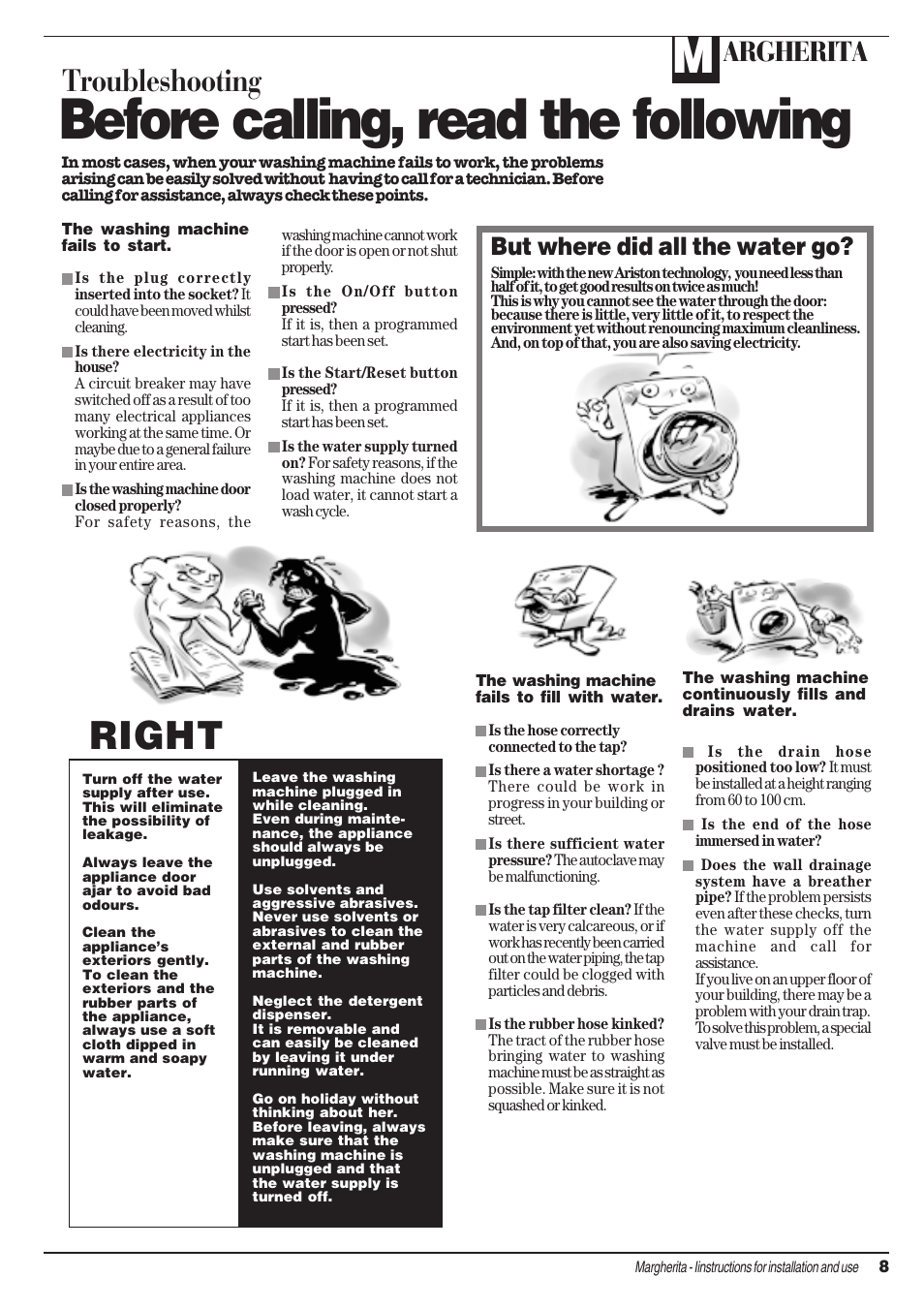 Before calling, read the following, Right wrong, Troubleshooting | Argherita, But where did all the water go | Ariston AIB 14 User Manual | Page 9 / 16