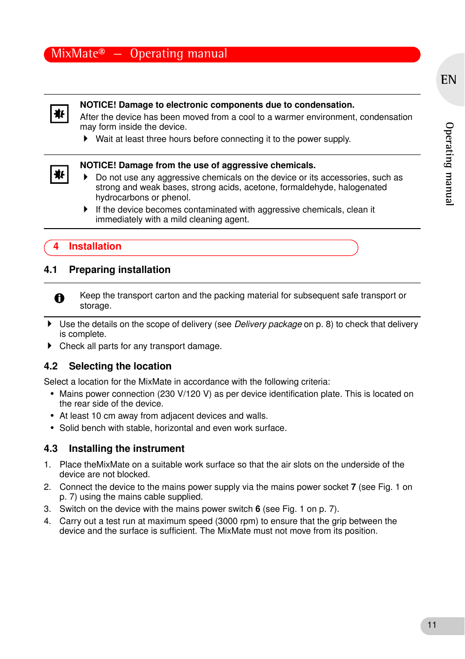4 installation, 1 preparing installation, 2 selecting the location | 3 installing the instrument, Mixmate® — operating manual, Operating manual | Eppendorf MixMate User Manual | Page 11 / 38