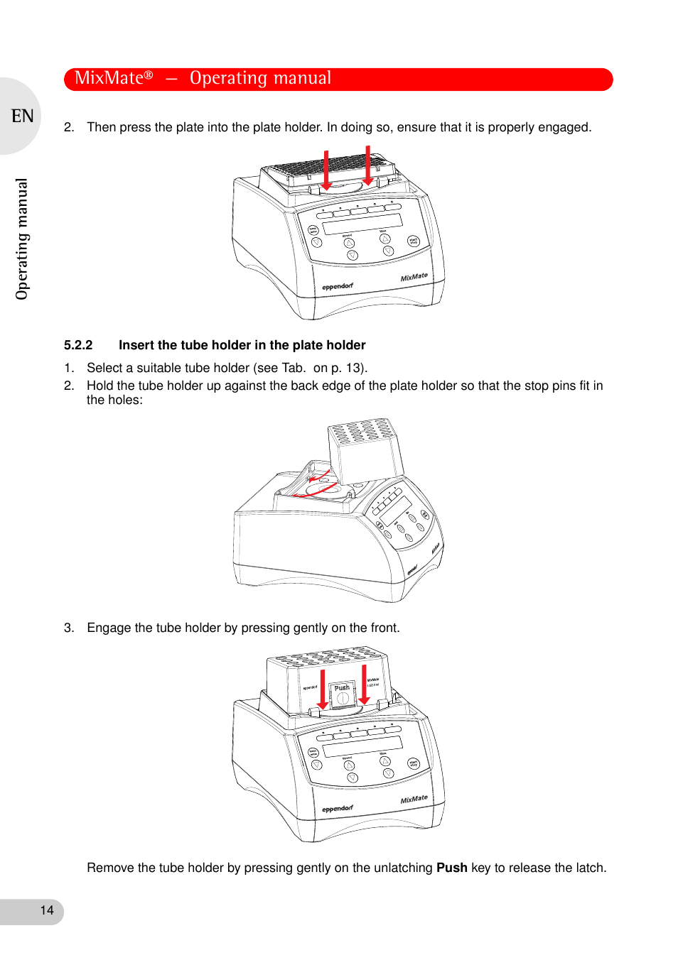 2 insert the tube holder in the plate holder, Mixmate® — operating manual | Eppendorf MixMate User Manual | Page 14 / 38