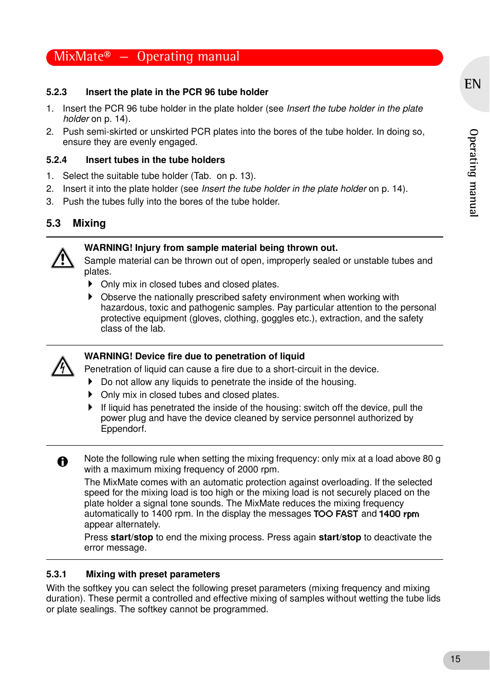 3 insert the plate in the pcr 96 tube holder, 4 insert tubes in the tube holders, 3 mixing | 1 mixing with preset parameters, Mixmate® — operating manual, Operating manual | Eppendorf MixMate User Manual | Page 15 / 38