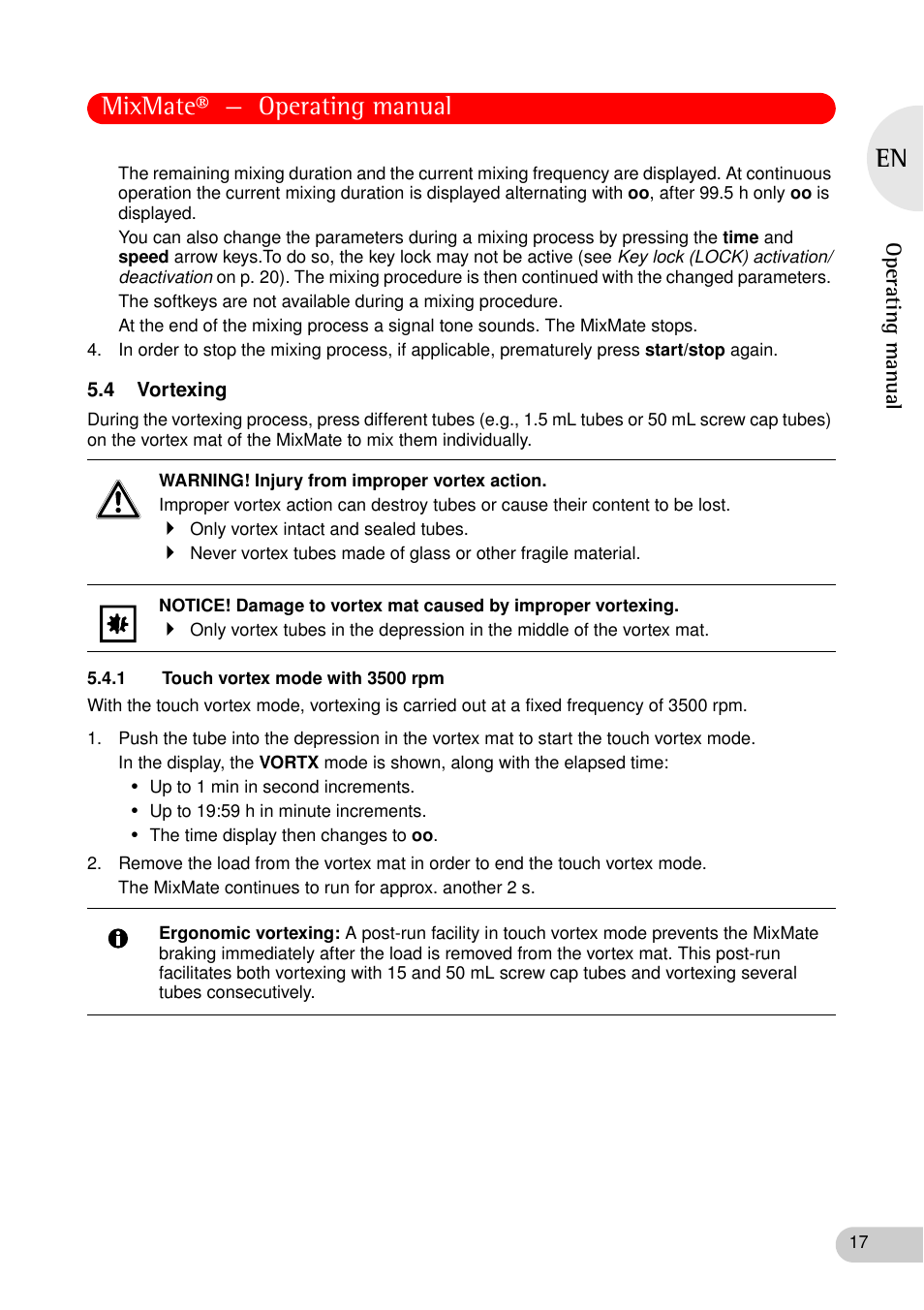 4 vortexing, 1 touch vortex mode with 3500 rpm, Mixmate® — operating manual | Eppendorf MixMate User Manual | Page 17 / 38
