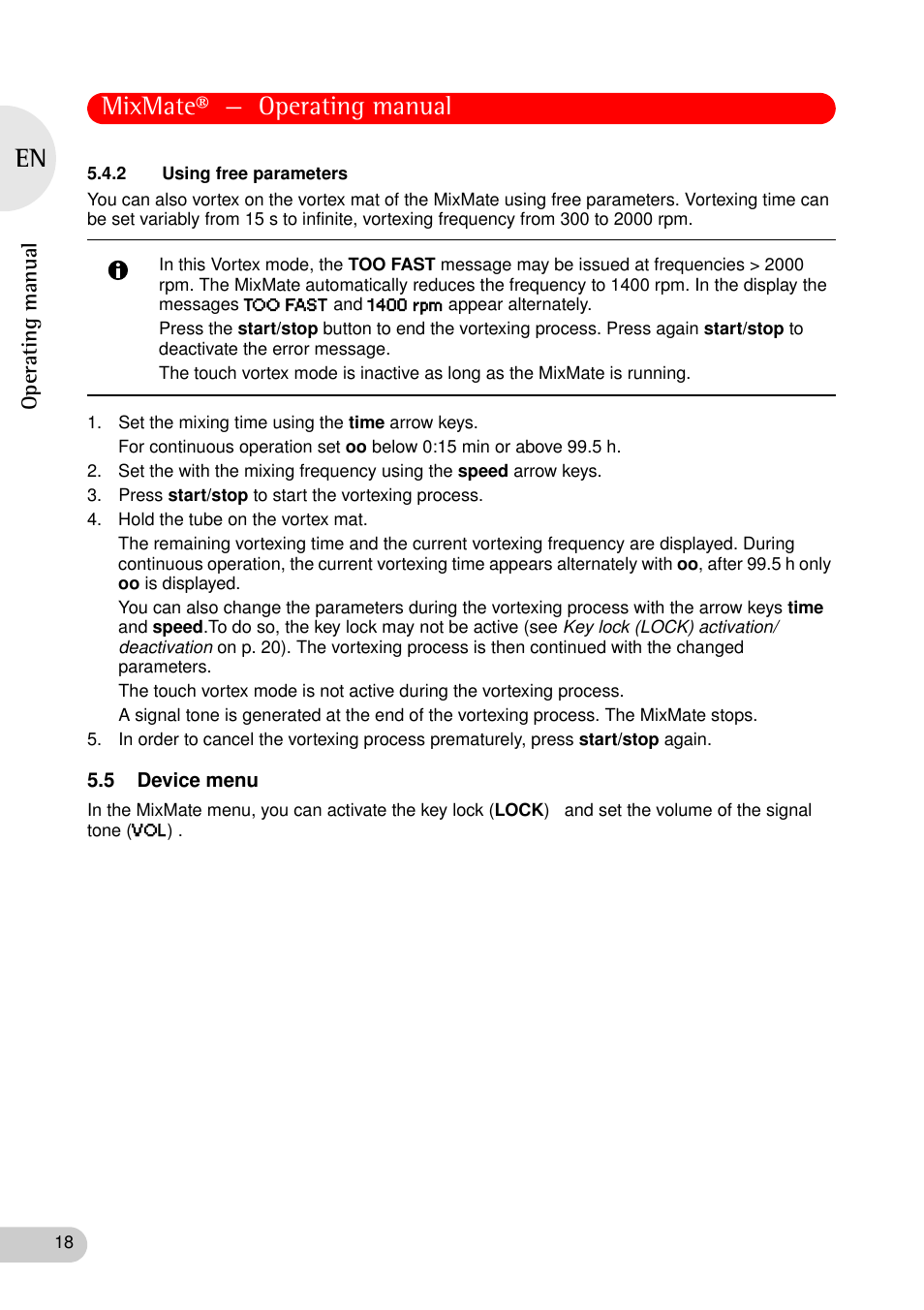 2 using free parameters, 5 device menu, Mixmate® — operating manual | Eppendorf MixMate User Manual | Page 18 / 38