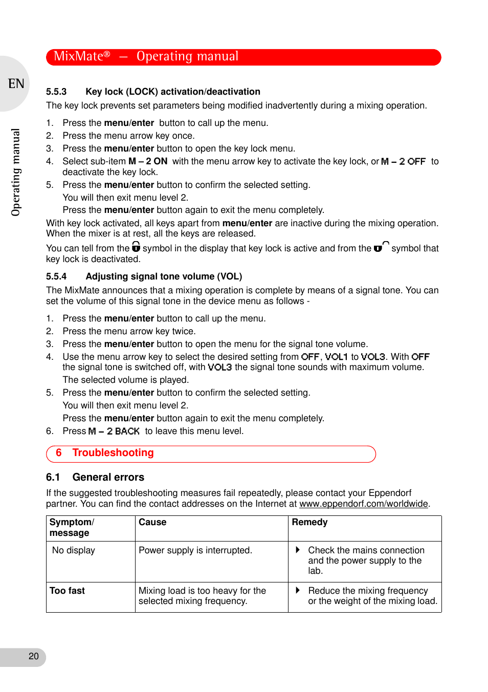 3 key lock (lock) activation/deactivation, 4 adjusting signal tone volume (vol), 6 troubleshooting | 1 general errors, Troubleshooting 6.1 general errors, Mixmate® — operating manual, Operating manual | Eppendorf MixMate User Manual | Page 20 / 38