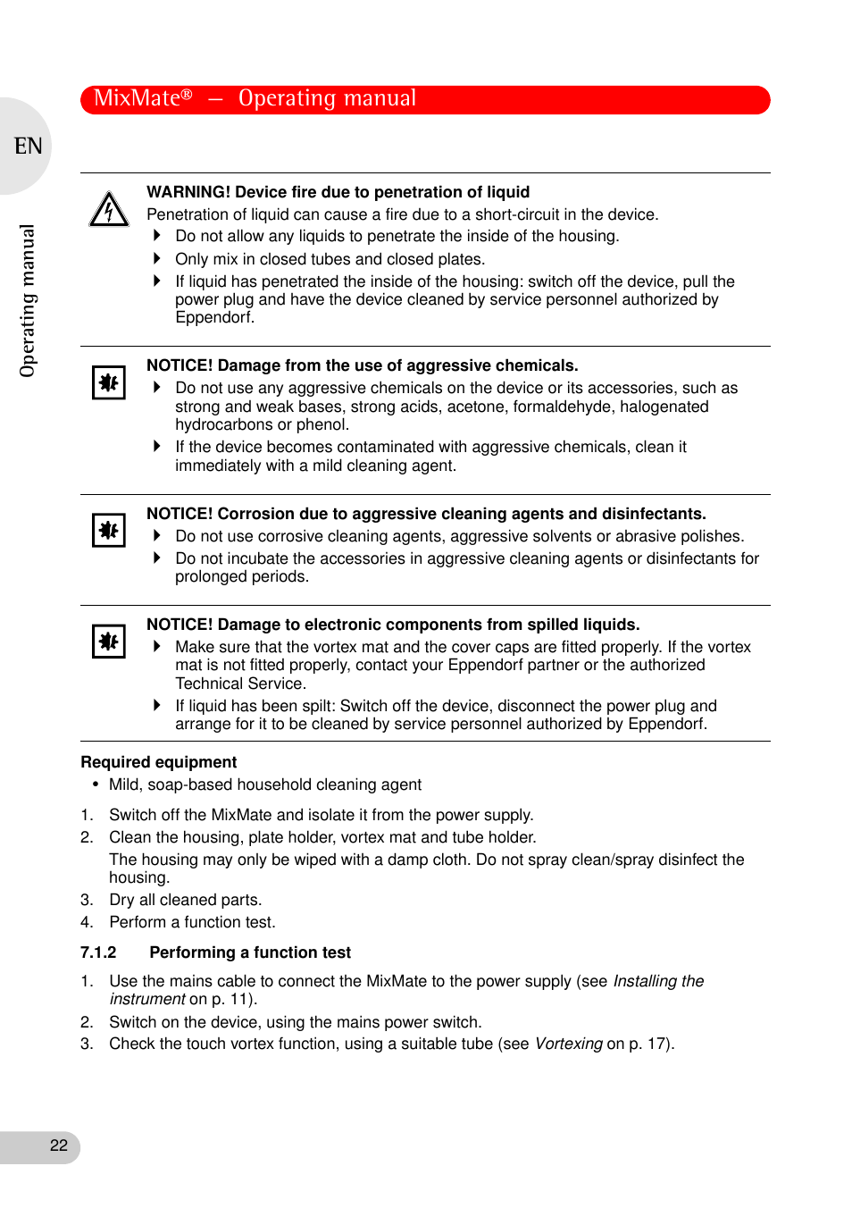 2 performing a function test, Mixmate® — operating manual, Operating manual | Eppendorf MixMate User Manual | Page 22 / 38