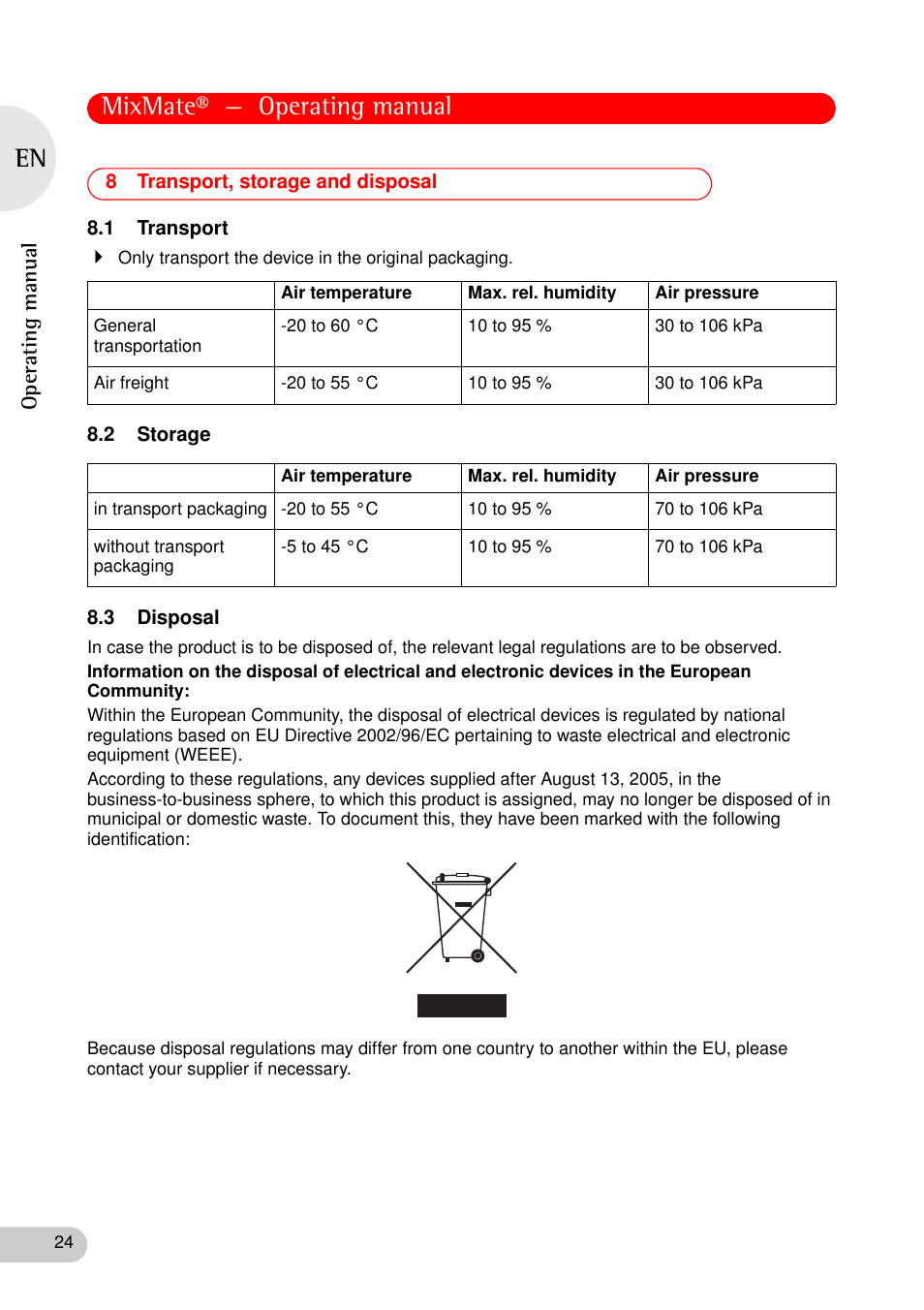 8 transport, storage and disposal, 1 transport, 2 storage | 3 disposal, Mixmate® — operating manual, Operating manual | Eppendorf MixMate User Manual | Page 24 / 38